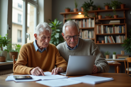 Couple retraité à Paris discutant à la table