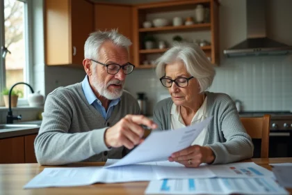 Couple de retraités examinant leurs relevés de retraite complémentaire Agirc-Arrco à la maison