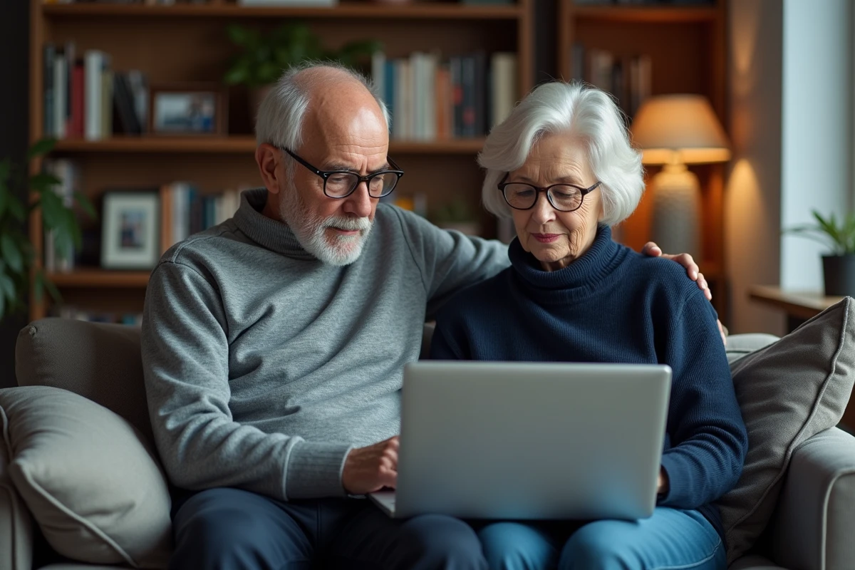 Couple de retraités consultant une simulation fiscale sur ordinateur portable dans leur salon, impactés par la nouvelle taxe retraites