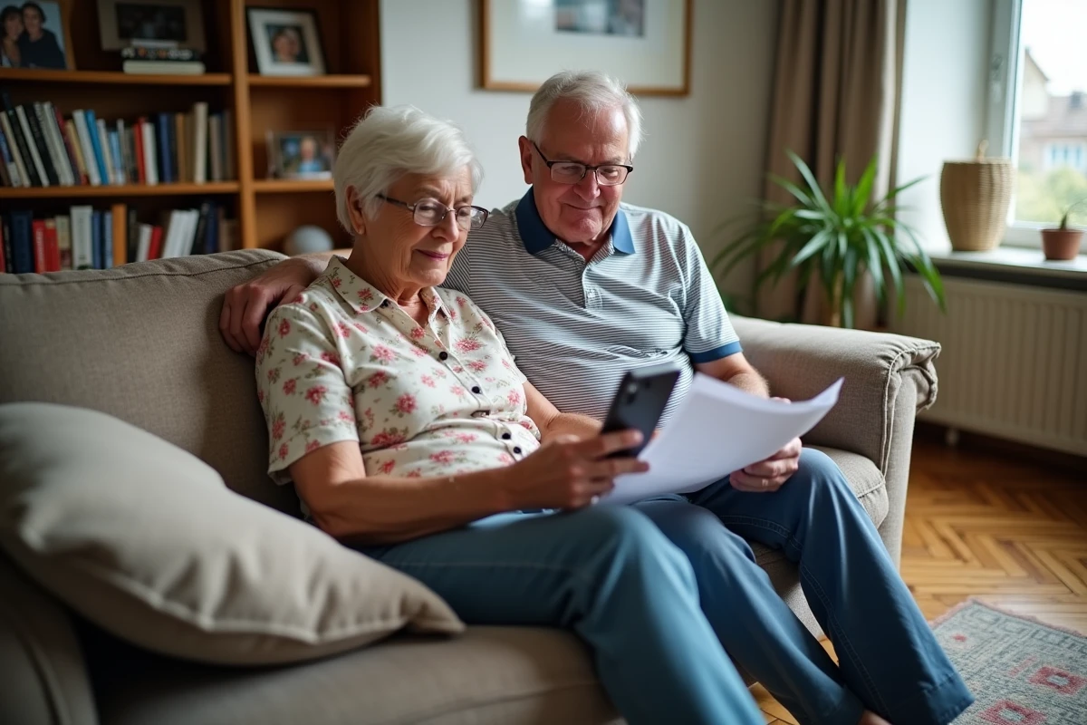 Couple de retraités SNCF consultant des documents et leur smartphone pour gérer leurs avantages retraite à domicile
