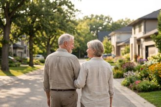 Couple retraité se promenant dans une rue résidentielle calme