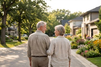Couple retraité se promenant dans une rue résidentielle calme