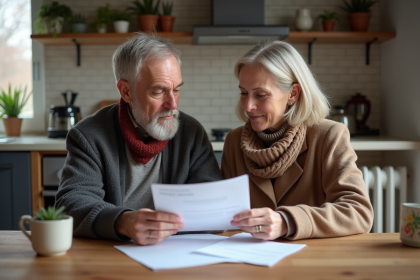 Couple de seniors discutant de papiers de pension à la maison