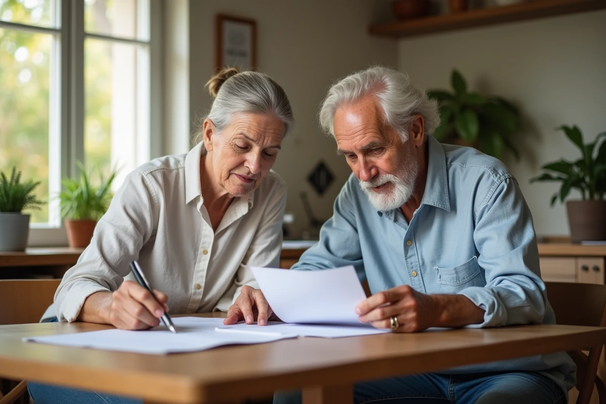 Couple &acirc;g&eacute; discutant de documents dans une cuisine lumineuse