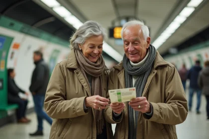 Couple senior souriant v&eacute;rifiant un ticket de m&eacute;tro parisien