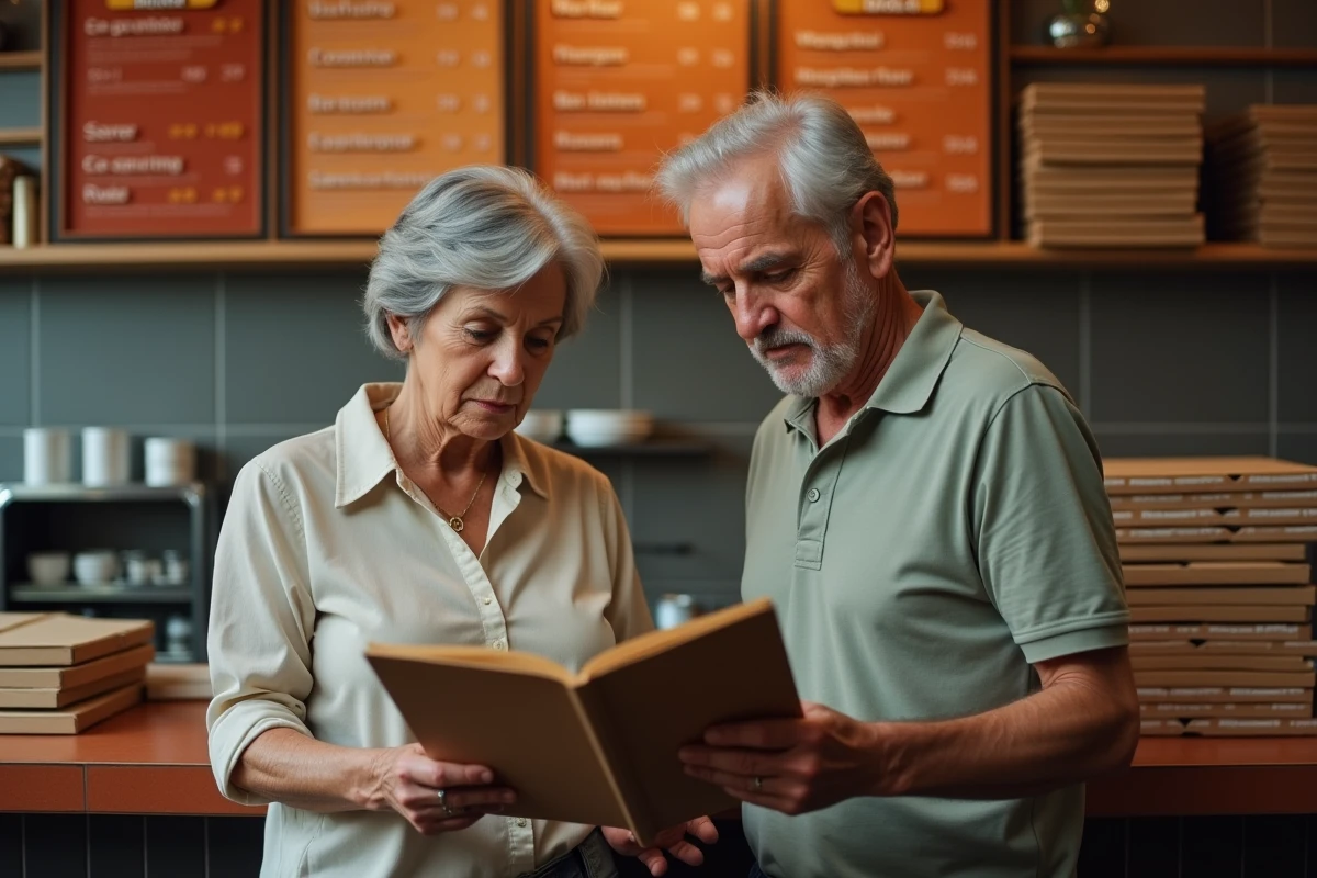 Couple de seniors comparant les menus dans une pizzeria pour trouver la meilleure promo