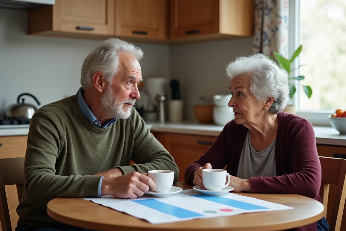 Couple de seniors planifiant ensemble leur départ à la retraite autour d'une simulation de pension Agirc-Arrco