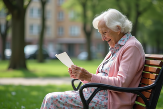 Femme centenaire lisant une lettre dans un parc calme