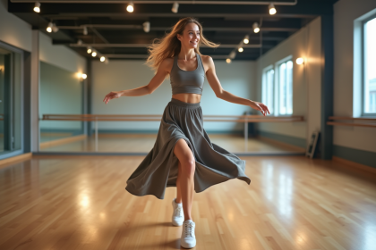 Femme en mouvement dans un studio de danse moderne