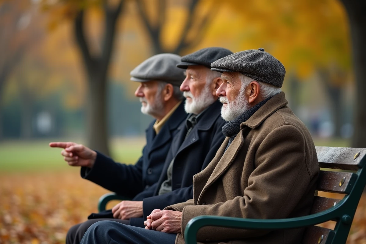 Deux hommes âgés assis sur un banc dans un parc en automne