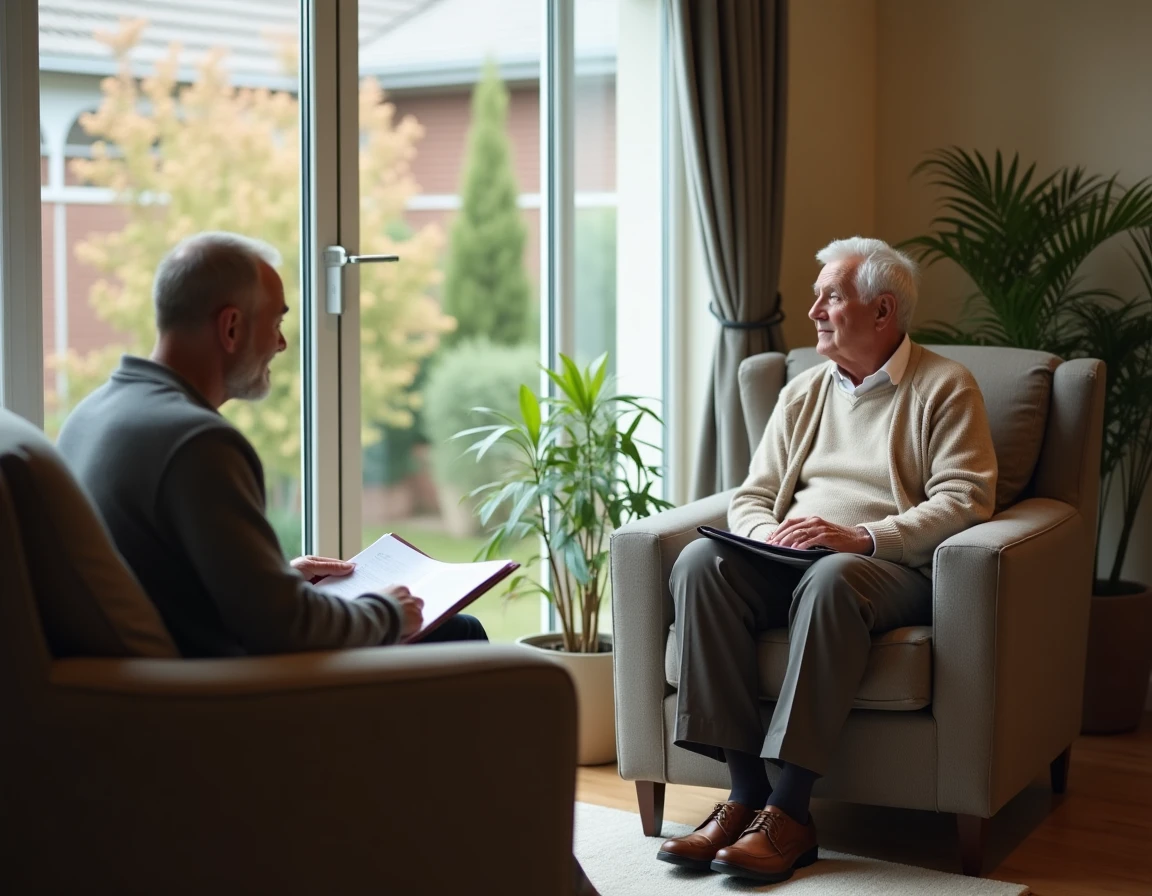 P&egrave;re &acirc;g&eacute; et fils adulte discutant des frais de r&eacute;sidence en maison de retraite avec des documents administratifs dans un salon de EHPAD