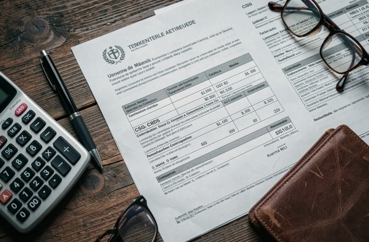 Vue aérienne de documents fiscaux officiels français détaillant la CSG et les prélèvements sociaux sur la retraite, posés sur un bureau en chêne avec calculatrice et stylo