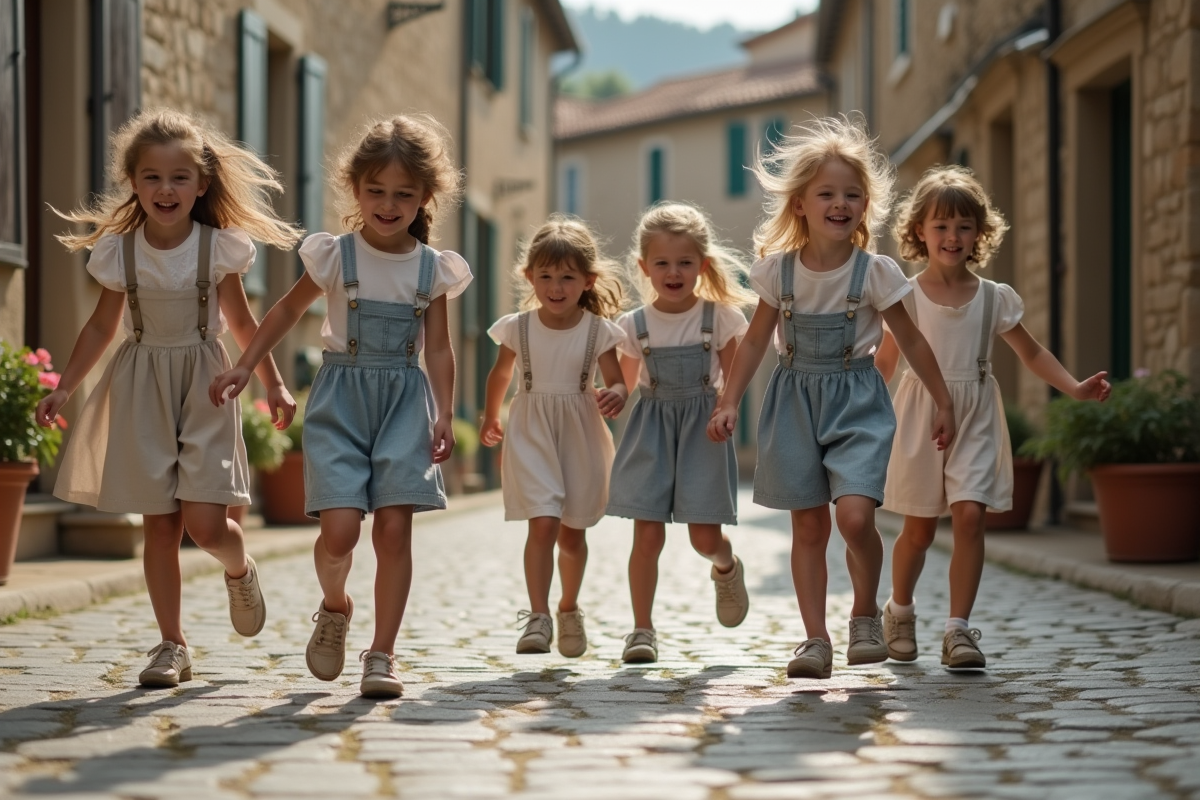 Enfants jouent à la marelle dans une place pavée ancienne