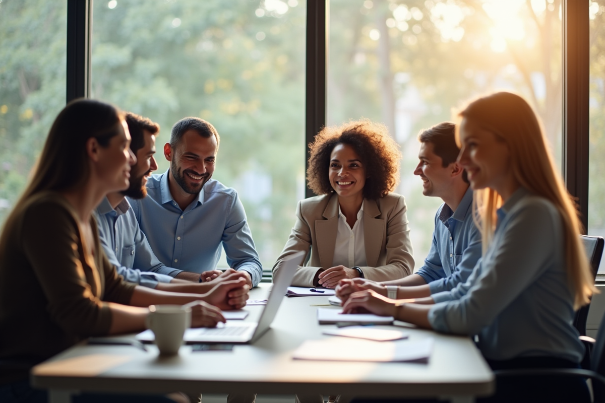 Six professionnels souriants en réunion de travail
