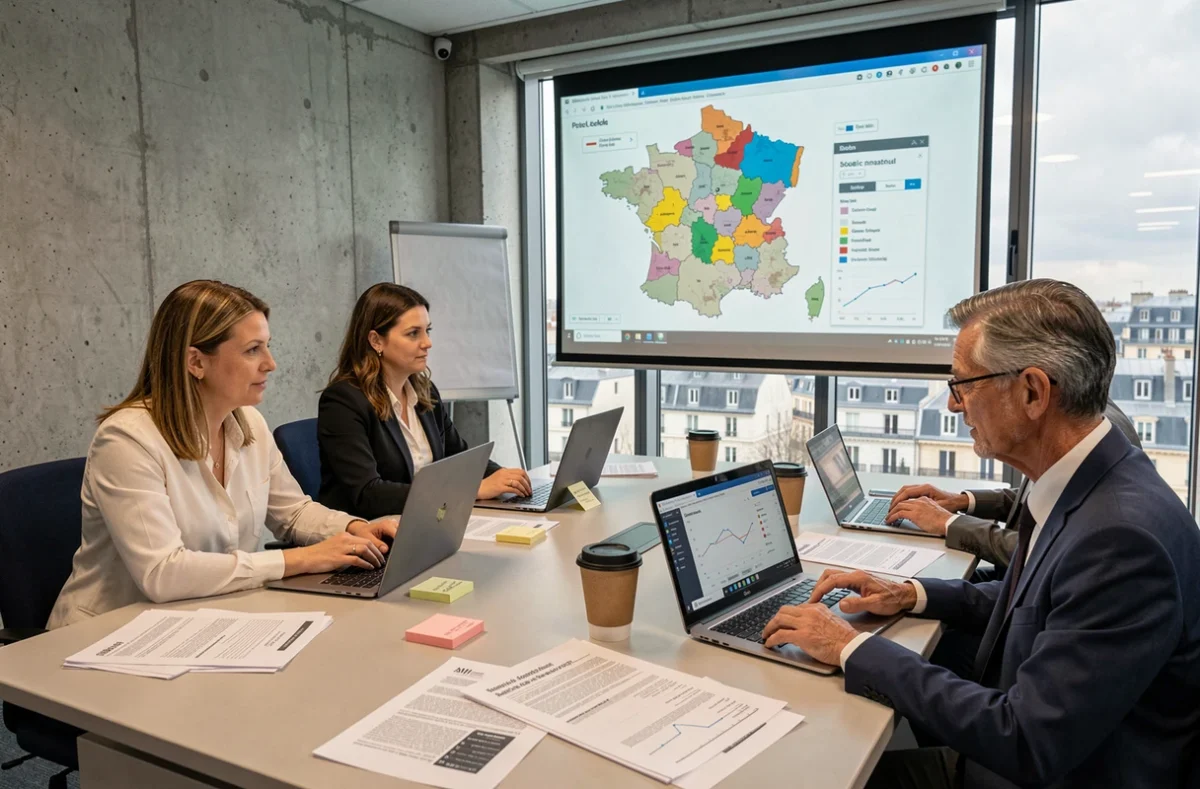 Équipe de responsables de collectivité analysant des données de gestion de services à domicile en salle de réunion institutionnelle