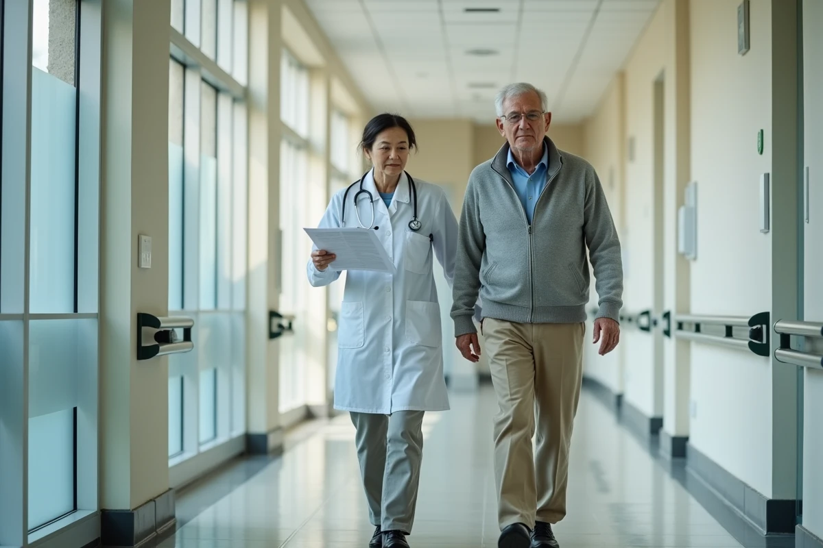 Patient âgé marchant dans un couloir hospitalier accompagné d'un médecin lors d'une évaluation gériatrique de la marche et de l'équilibre selon Tinetti