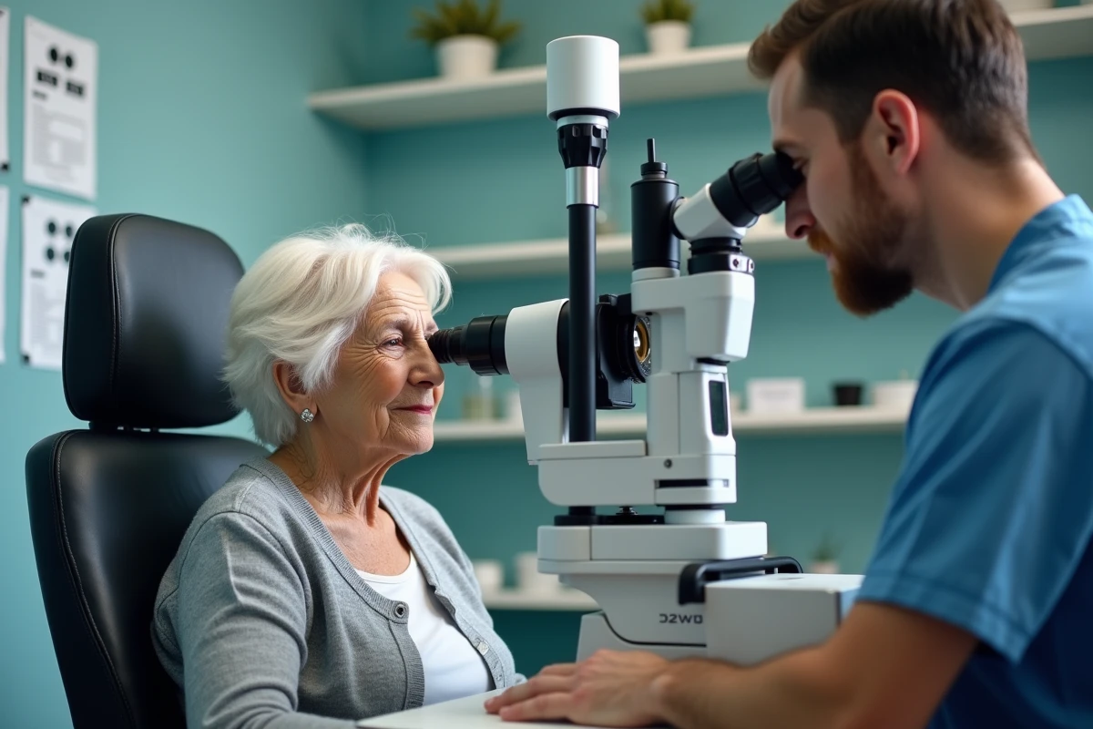 Une femme senior de plus de 70 ans passant un examen de la vue obligatoire pour le renouvellement de son permis de conduire
