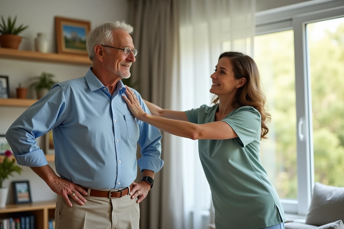 Senior faisant des &eacute;tirements avec une aide-soignante