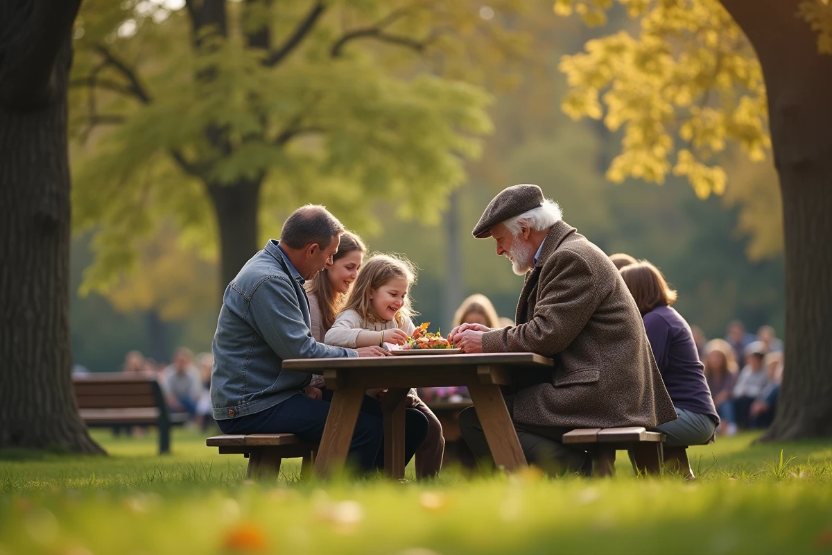 Famille réunie autour d’un pique-nique dans un parc en automne