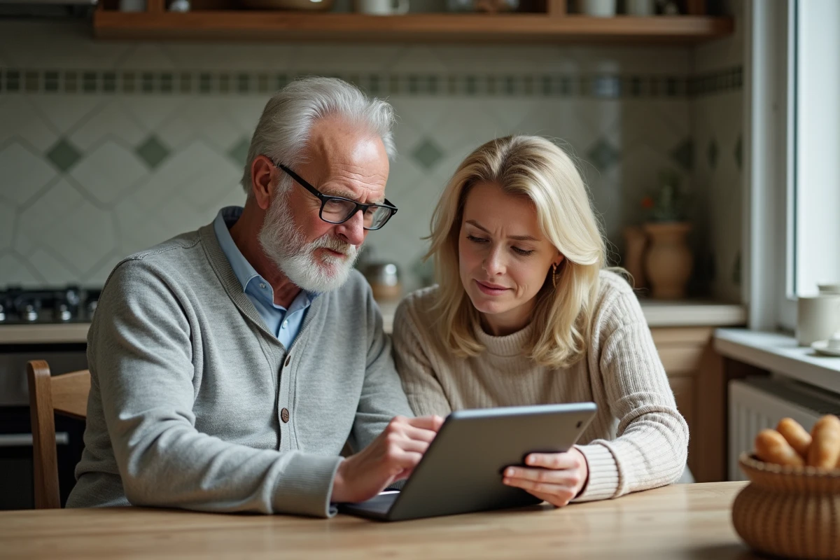 Un père âgé et sa fille adulte consultant ensemble le portail de curatelle renforcée sur une tablette numérique