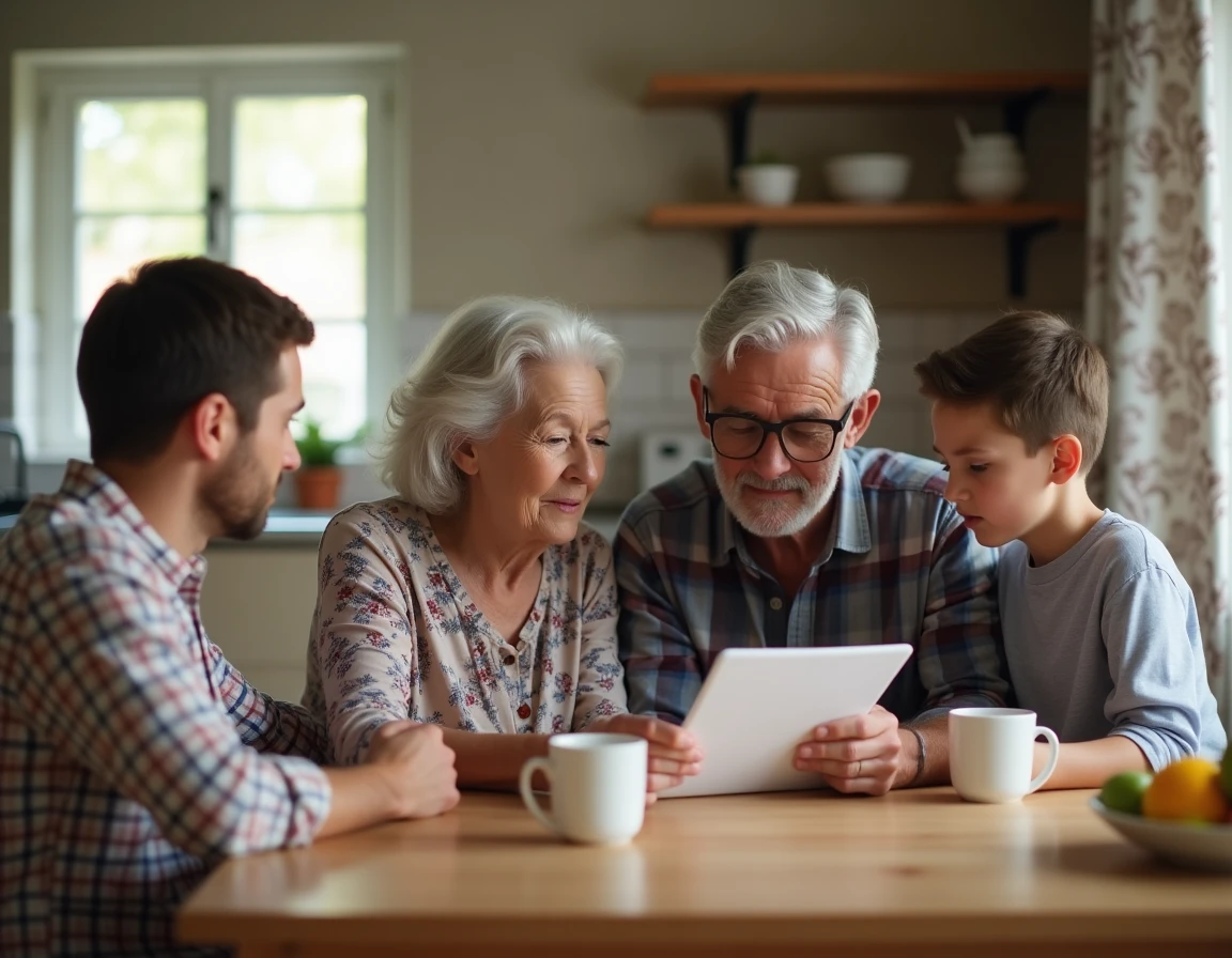Une famille r&eacute;unie autour d'une table pour discuter de la prise en charge d'une grand-m&egrave;re d&eacute;pendante et comprendre son niveau GIR