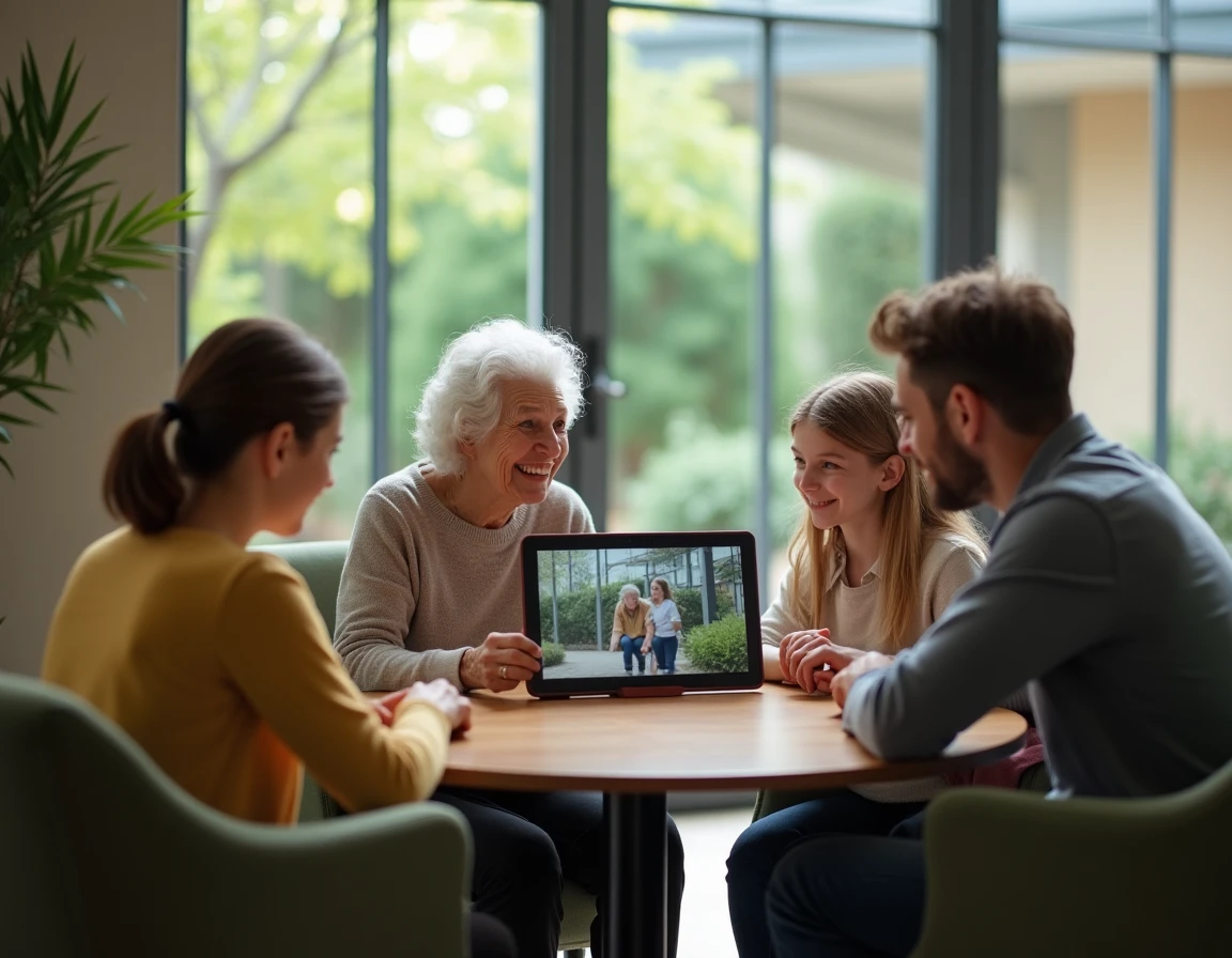Famille réunie autour d'un cadre photo connecté lors d'une visite en maison de retraite