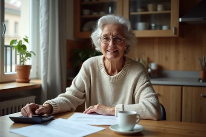 Femme fran&ccedil;aise de 60 ans &agrave; la maison avec documents