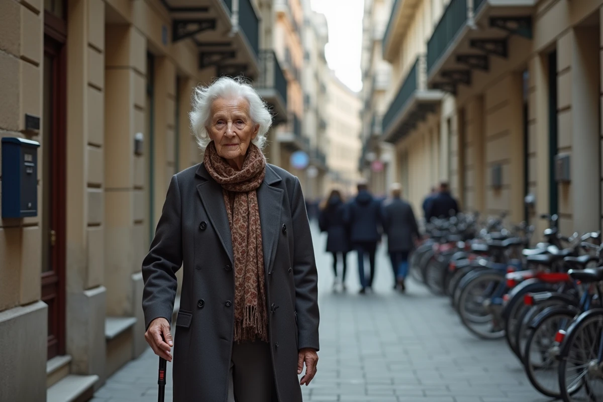 Femme âgée marchant dans une rue urbaine