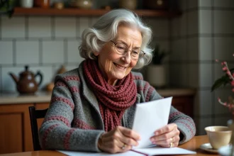 Femme agee souriante tenant une lettre dans la cuisine chaleureuse