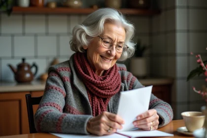 Femme agee souriante tenant une lettre dans la cuisine chaleureuse