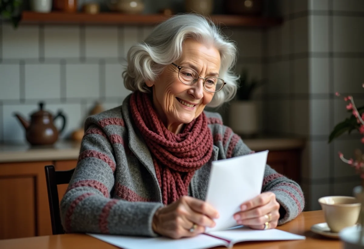 Femme agee souriante tenant une lettre dans la cuisine chaleureuse