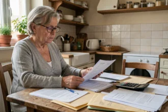 Femme âgée examinant des documents administratifs liés à l'ASPA et à la succession à la table de sa cuisine