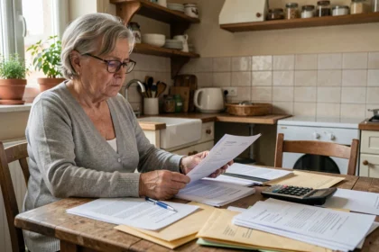 Femme âgée examinant des documents administratifs liés à l'ASPA et à la succession à la table de sa cuisine