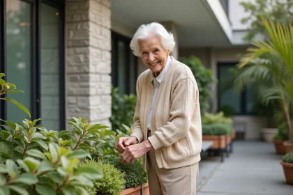 Femme agee souriante jardin terrasse ensoleille