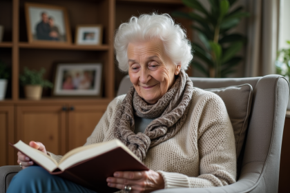 Femme âgée lisant un livre dans un salon chaleureux