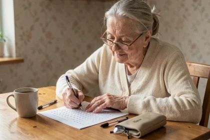 Femme âgée concentrée sur une grille de mots mêlés imprimée, assise à une table en bois avec une tasse de thé