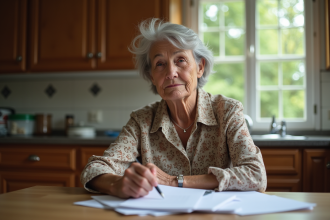 Femme âgée examinant des papiers dans une cuisine lumineuse