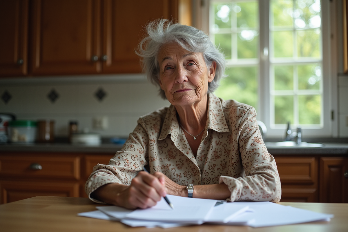 Femme âgée examinant des papiers dans une cuisine lumineuse