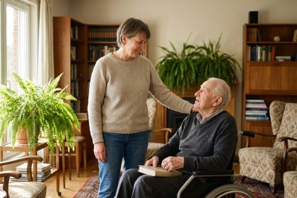 Femme aidant son père en fauteuil dans un salon chaleureux