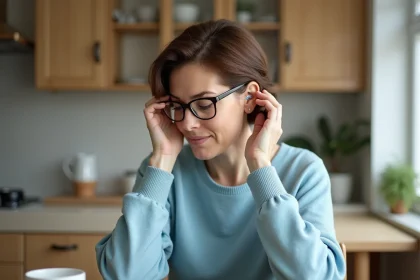 Femme d'âge moyen insérant un aide auditive discrète