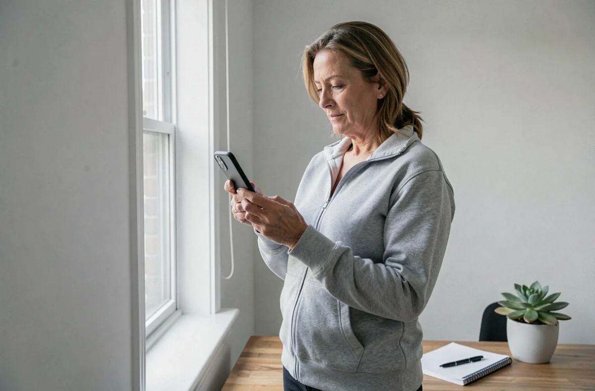 Femme debout dans un bureau à domicile consultant l'interface de connexion mobile de Philia admr sur smartphone