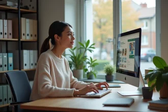 Femme d'une quarantaine utilisant un ordinateur dans un bureau moderne