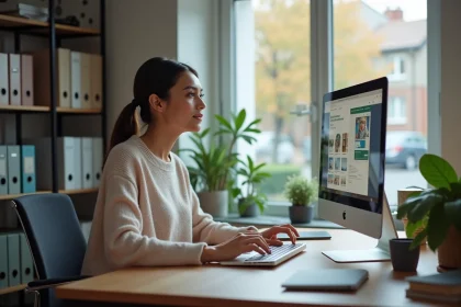 Femme d'une quarantaine utilisant un ordinateur dans un bureau moderne