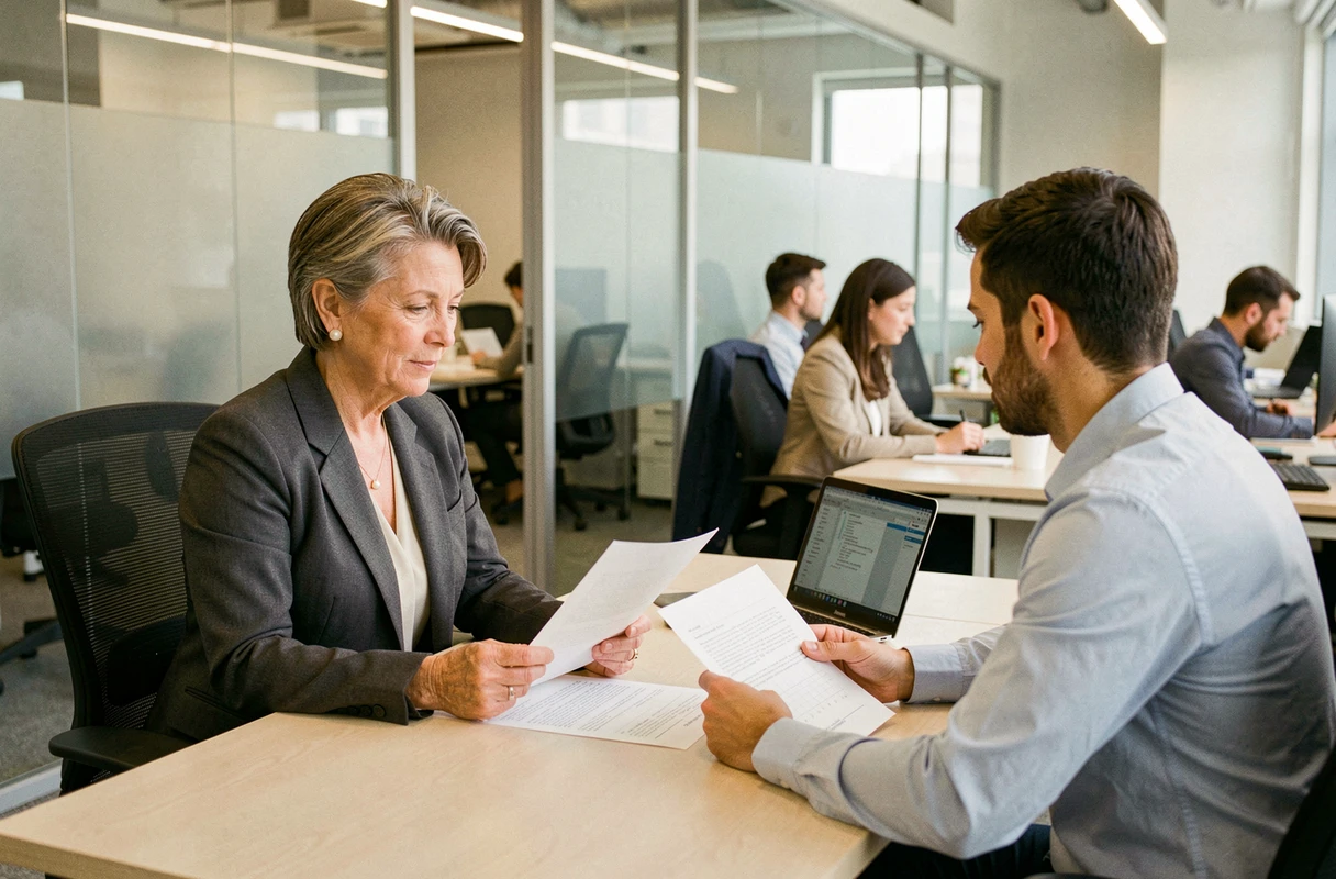 Femme cadre discutant de son départ progressif à la retraite avec un responsable RH en entreprise