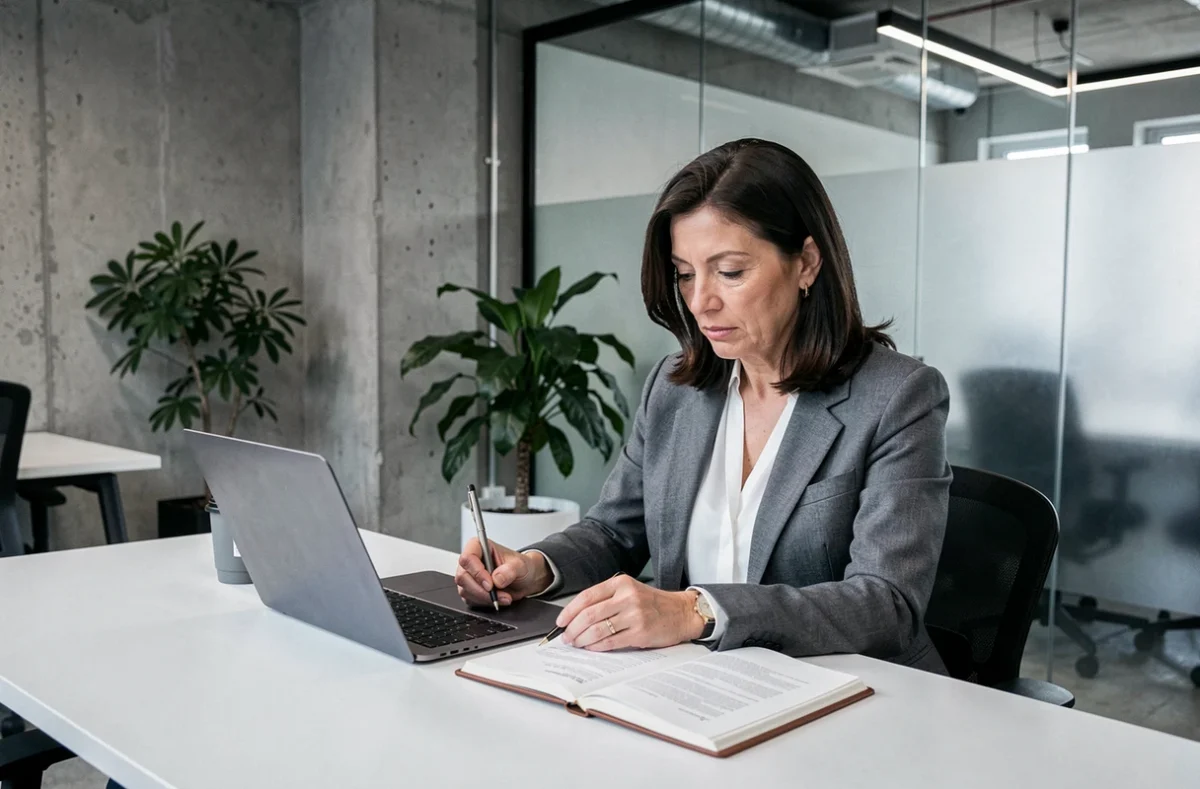 Femme cadre senior consultant ses documents de négociation salariale dans un espace de coworking contemporain