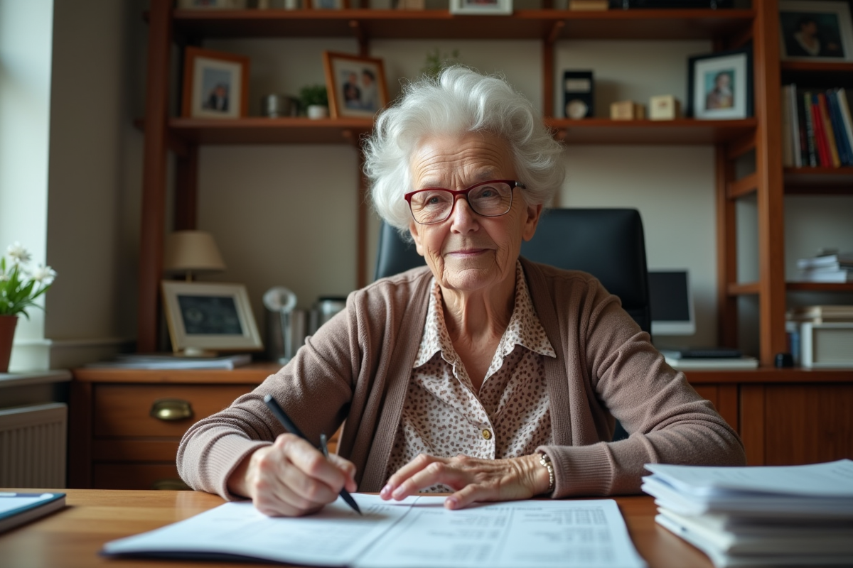 Femme âgée calculant sa retraite dans son bureau