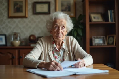 Femme &acirc;g&eacute;e examinant des documents importants