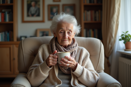 Femme âgée en cardigan tenant une tasse dans un salon chaleureux