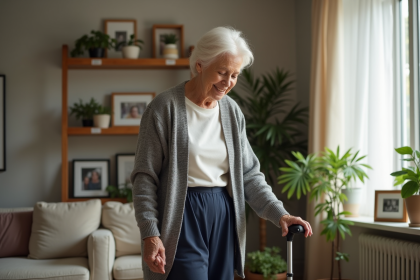 Femme âgée testant une canne ergonomique dans son salon