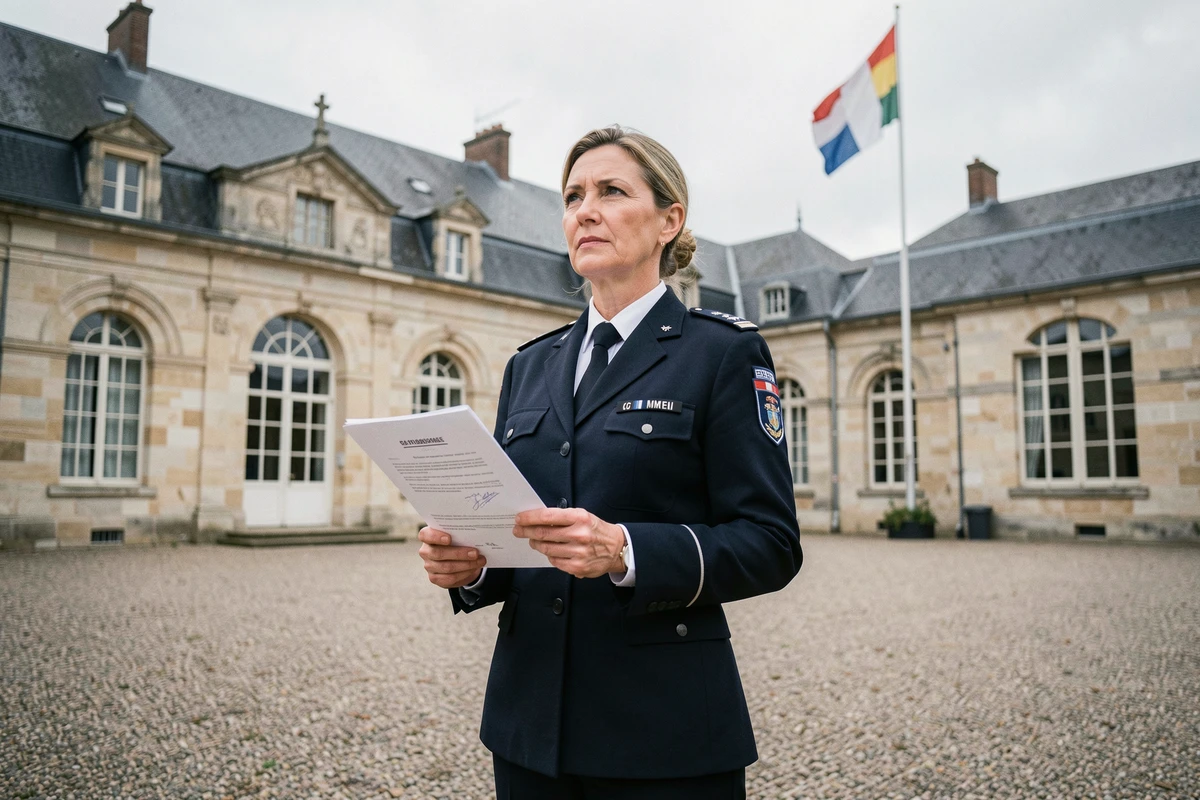 Femme gendarme devant une caserne contemplant sa retraite après une carrière de 30 ans dans la gendarmerie